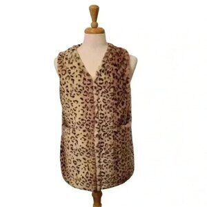 Faux Fur Leopard Print Lined  MobWife Rockabilly Cozy Teddy Womens Vest Pockets